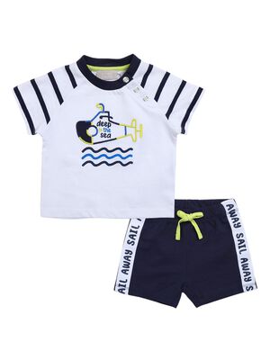 Boys White & Blue Printed T-Shirt with Short Pants